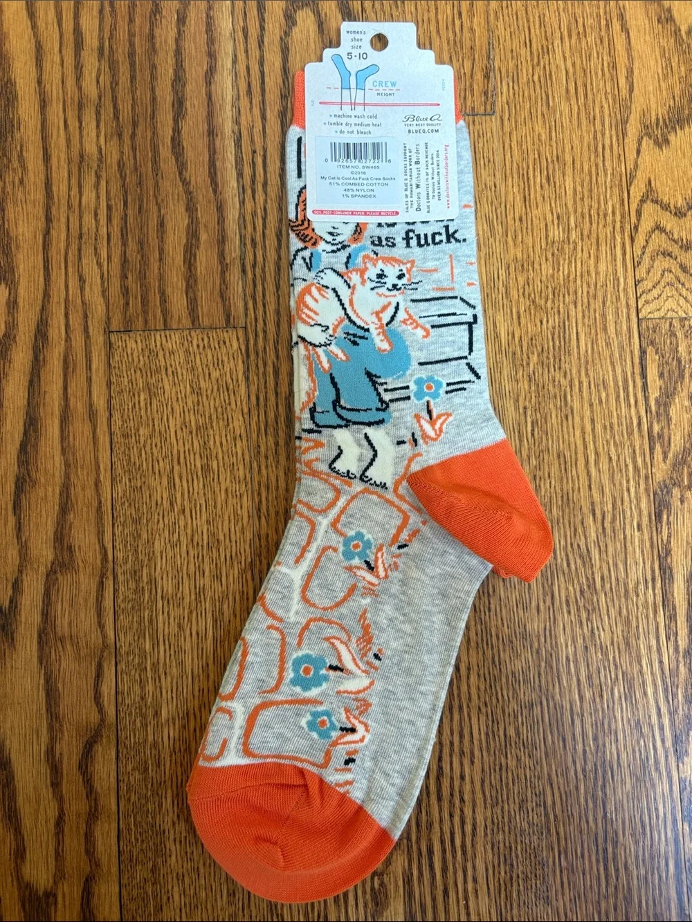 Cat Crew Socks with Graphic Size 5-10 Orange, Gray, Blue